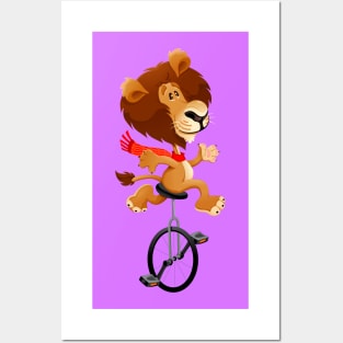 Funny lion on an unicycle Posters and Art